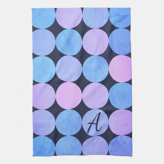 Linge De Cuisine Monogramme bleu pourpre et rose des cercles (Vertical)