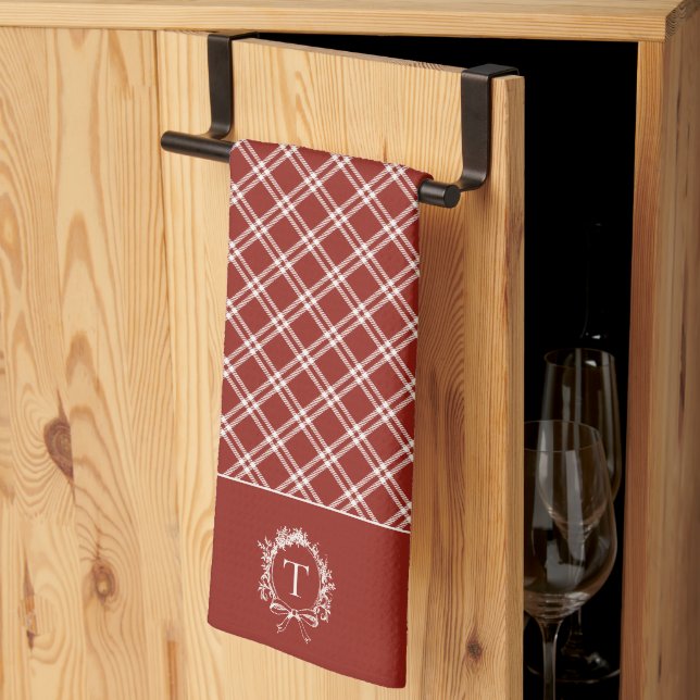 Linge De Cuisine Monogramme botanique rouge vintage (Pliage en tiers)