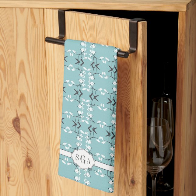 Linge De Cuisine Monogramme Botanique Royale Festif Bleu de Nid de  (Pliage en tiers)