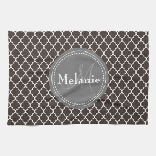 Linge De Cuisine Monogramme Brown Blanc Marocain Motif de treillis