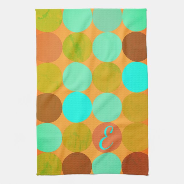 Linge De Cuisine Monogramme Cercles Turquoise Bleu Vert & Orange (Vertical)