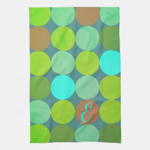 Linge De Cuisine Monogramme Cercles Vert Citron Turquoise & Rouille