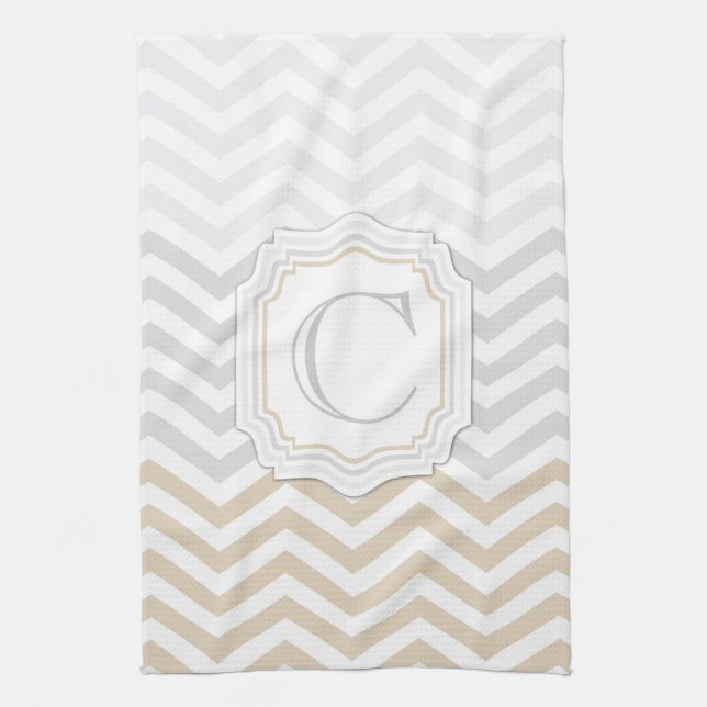 Linge De Cuisine Monogramme Chevron d'or de gris argenté (Vertical)