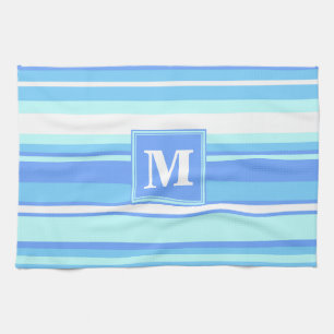 Linge De Cuisine Monogramme ciel bandes bleues