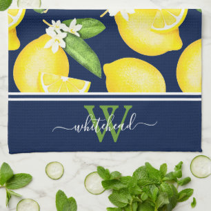 Linge De Cuisine Monogramme citron bleu marine