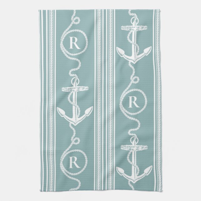 Linge De Cuisine Monogramme corde Ancre nautique Turquoise neutre (Vertical)