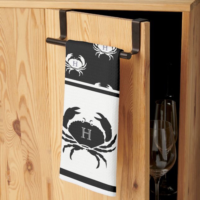 Linge De Cuisine Monogramme Crabe noir et blanc Nautique (Pliage en tiers)