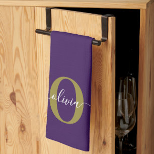 Linge De Cuisine Monogramme customisé Nom du script Purple White Go