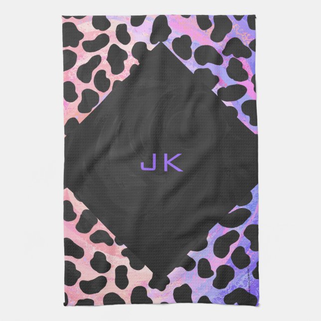 Linge De Cuisine Monogramme Dalmatien noir et rose (Vertical)