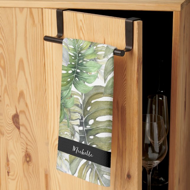 Linge De Cuisine Monogramme de Chef Palmier Monstera Vert (Pliage en tiers)