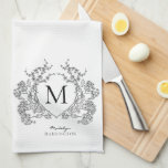 Linge De Cuisine Monogramme de crête florale noir et blanc classiqu<br><div class="desc">Cimier floral noir et blanc moderne Monogramme serviette de cuisine</div>