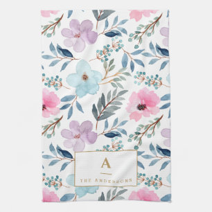 Linge De Cuisine Monogramme de fleurs aquarelles bleu pastel mignon