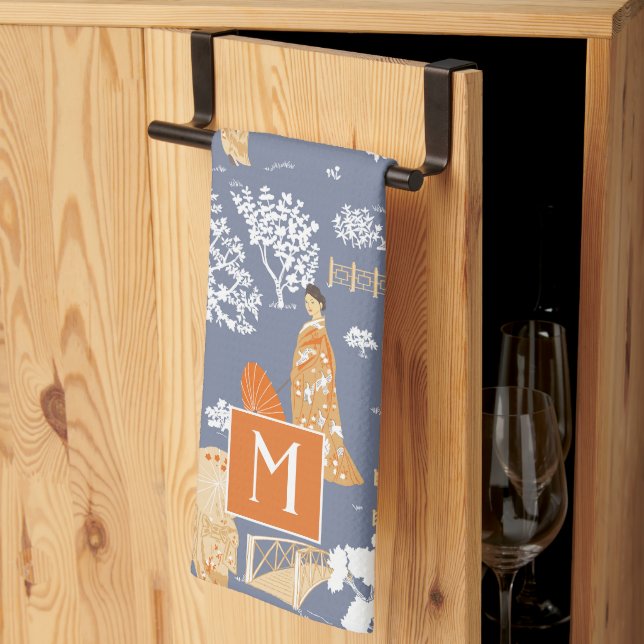 Linge De Cuisine Monogramme de la pagode de la Chinoiserie orange e (Pliage en tiers)
