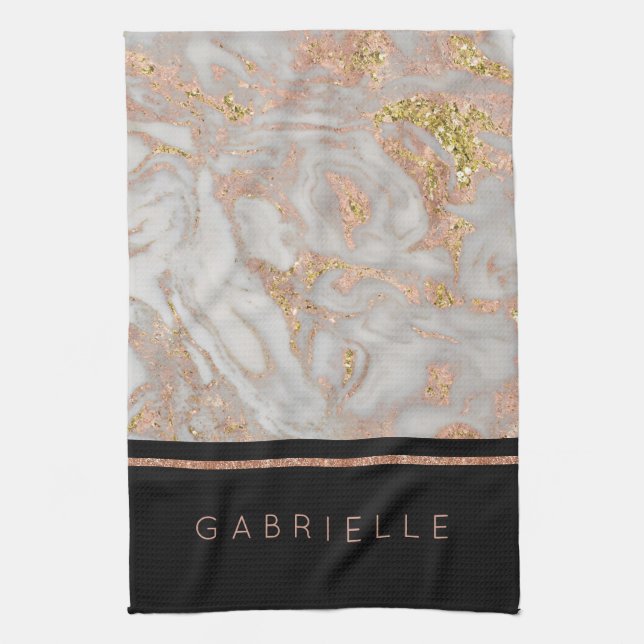 Linge De Cuisine Monogramme de marbre doré Rose moderne Faux (Vertical)