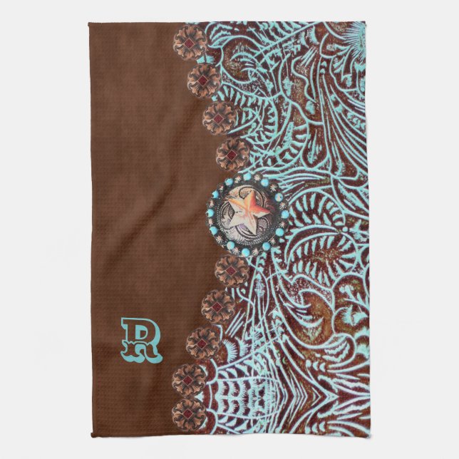Linge De Cuisine monogramme de motif de l'ouest turquoise brun (Vertical)