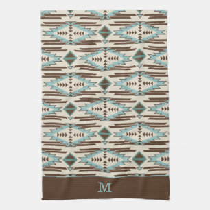 Linge De Cuisine Monogramme de Motif tribal aztèque bleu et Brown