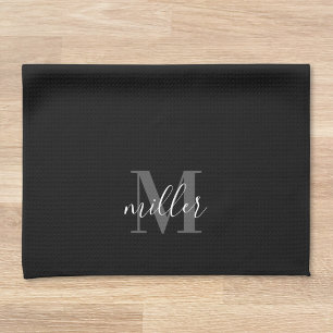 Linge De Cuisine Monogramme de nom de famille personnalisé noir et