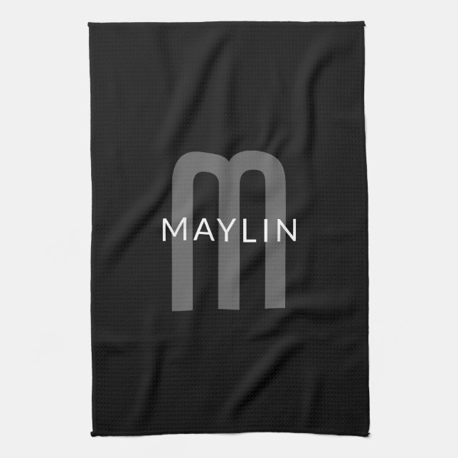 Linge De Cuisine Monogramme de nom de style moderne | Noir Gris Bla (Vertical)