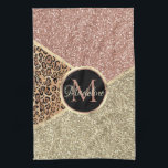 Linge De Cuisine Monogramme de Parties scintillant de léopard Rose<br><div class="desc">Lettre Monogramme Léopard Rose Grille Parties scintillant Or Charme de vin Faux Rose personnalisé Or, Parties scintillant rose vif avec un effet étincelant. Mélanges de pièces avec des taches de peau léopard d animal et des barres d’parties scintillant dorée et de garniture en cuivre. Lignes à bandes diagonales et correctifs...</div>