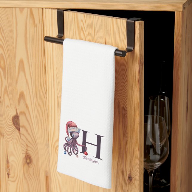 Linge De Cuisine Monogramme de pieuvre de Noël de vacances côtières (Pliage en tiers)