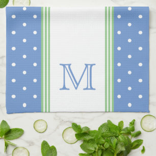 Linge De Cuisine Monogramme de point de polka bleu et vert de Prepp