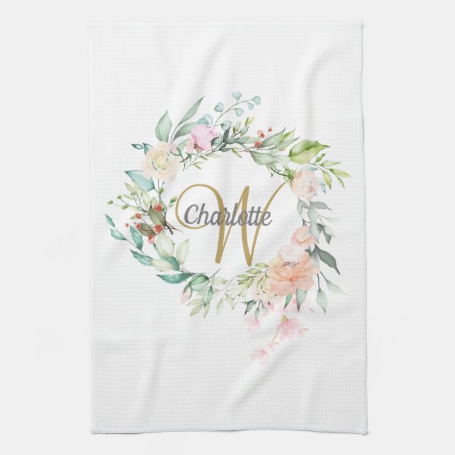 Linge De Cuisine Monogramme de roses florales en or et écriture scr (Vertical)