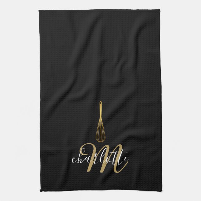 Linge De Cuisine Monogramme de script de Whisk d'or noir (Vertical)