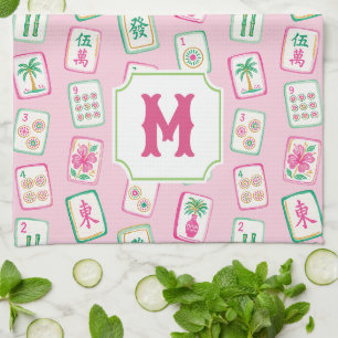 Linge De Cuisine Monogramme de tuiles de Mahjong Rose & Vert Palm B