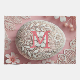 Linge De Cuisine Monogramme dentelle rose blanc fleuri oeuf de Pâqu