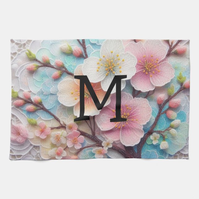 Linge De Cuisine Monogramme dentelle rose pastel fleurs de cerisier (Horizontal)