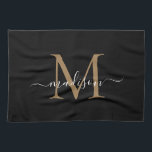 Linge De Cuisine Monogramme d'or noir moderne élégant Nom du script<br><div class="desc">Monogramme en or noir moderne Nom du script Serviette de cuisine</div>