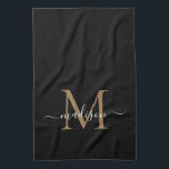 Linge De Cuisine Monogramme d'or noir moderne élégant Nom du script<br><div class="desc">Moderne élégant élégant noir monogramme or noir Nom du script Serviette de cuisine</div>