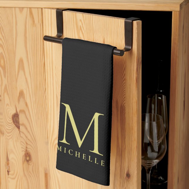 Linge De Cuisine Monogramme d'or noir Nom initial Modèle personnali (Pliage en tiers)