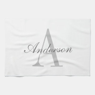 Linge De Cuisine Monogramme élégant blanc et gris