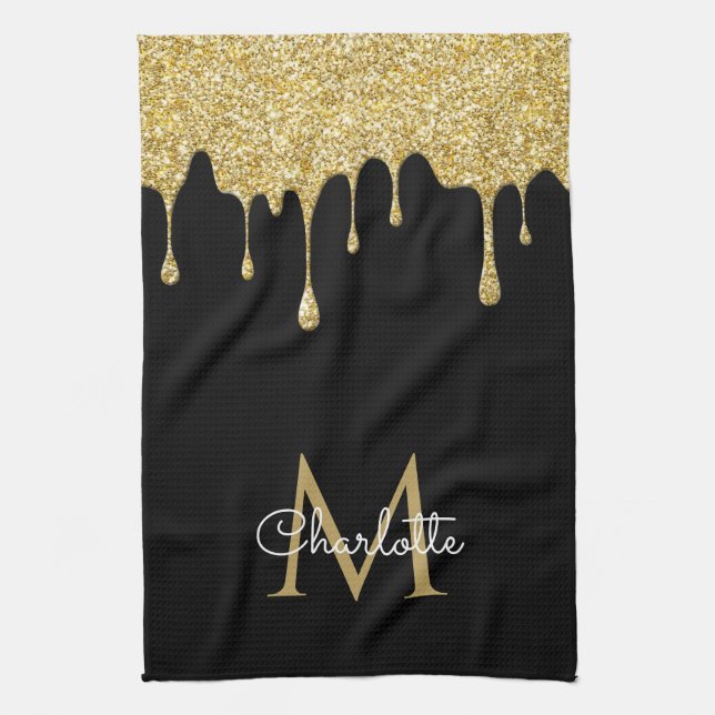 Linge De Cuisine Monogramme élégant de gouttes de paillettes dorées (Vertical)