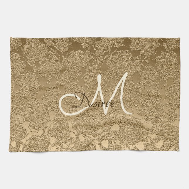 Linge De Cuisine Monogramme Elegant Or Moderne Fille Floral (Horizontal)