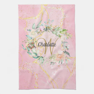 Linge De Cuisine Monogramme en écriture dorée Floral Gold sur agate