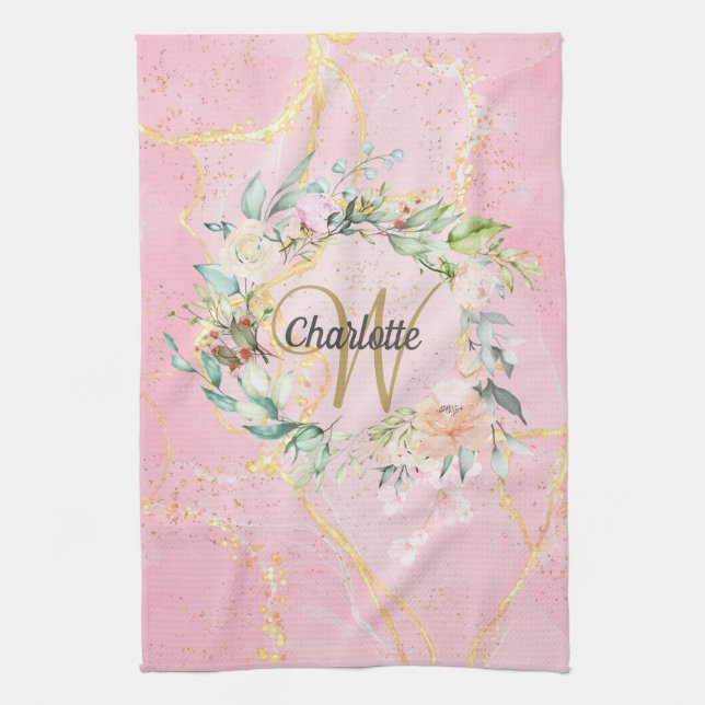Linge De Cuisine Monogramme en écriture dorée Floral Gold sur agate (Vertical)
