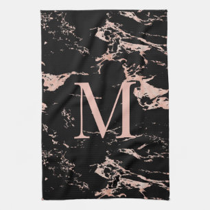 Linge De Cuisine Monogramme en marbre noir chic Rose Gold Foil