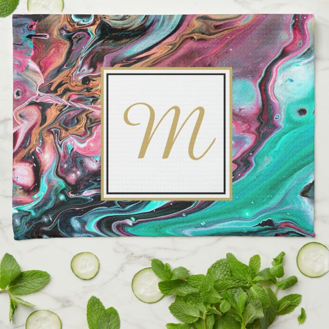 Linge De Cuisine Monogramme en marbre rose et vert (Plié)