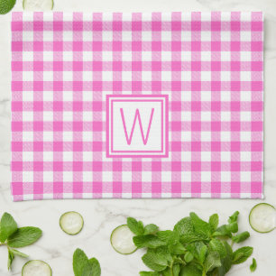 Linge De Cuisine Monogramme En vichy plaid rose et blanc