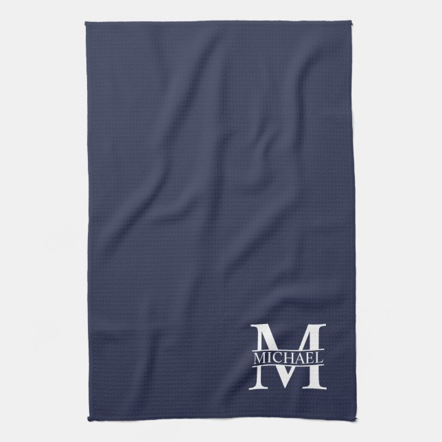 Linge De Cuisine Monogramme et nom personnalisés bleu marine (Vertical)