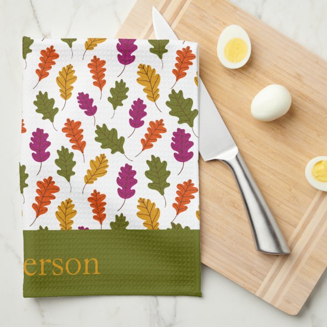 Linge De Cuisine Monogramme Feuilles d'automne Couleurs Vert Jaune (Quart Plié)