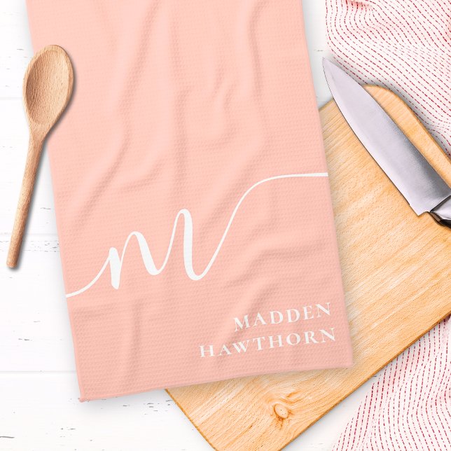 Linge De Cuisine Monogramme fillette Calligraphie Coral Blush rose (Créateur téléchargé)
