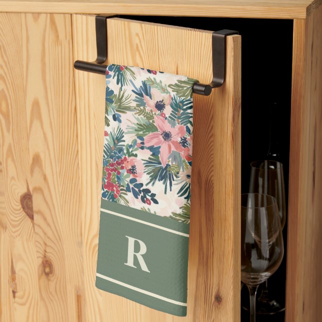 Linge De Cuisine Monogramme Floral de Noël Moderne (Pliage en tiers)