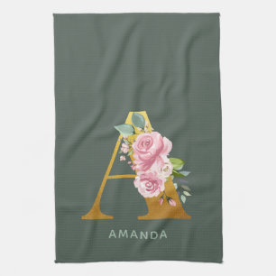 Linge De Cuisine Monogramme floral personnalisé avec la lettre A en