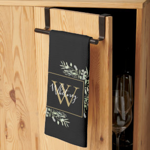 Linge De Cuisine Monogramme floral personnalisé en or noir et verdu