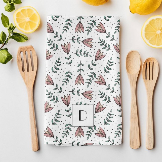 Linge De Cuisine Monogramme floral rose élégant (Elegant Pink Floral Monogram Kitchen Towel)