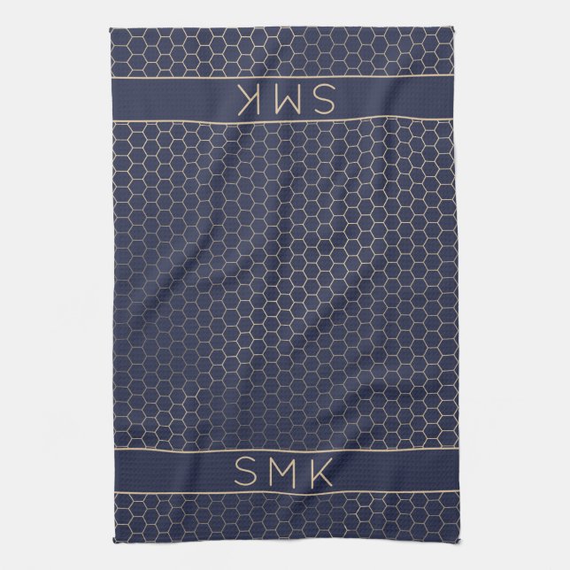 Linge De Cuisine Monogramme géométrique bleu marine (Vertical)
