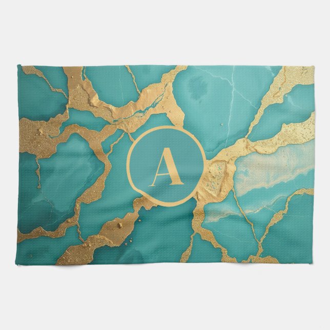 Linge De Cuisine Monogramme Gold & Marbre Turquoise Luxe (Horizontal)